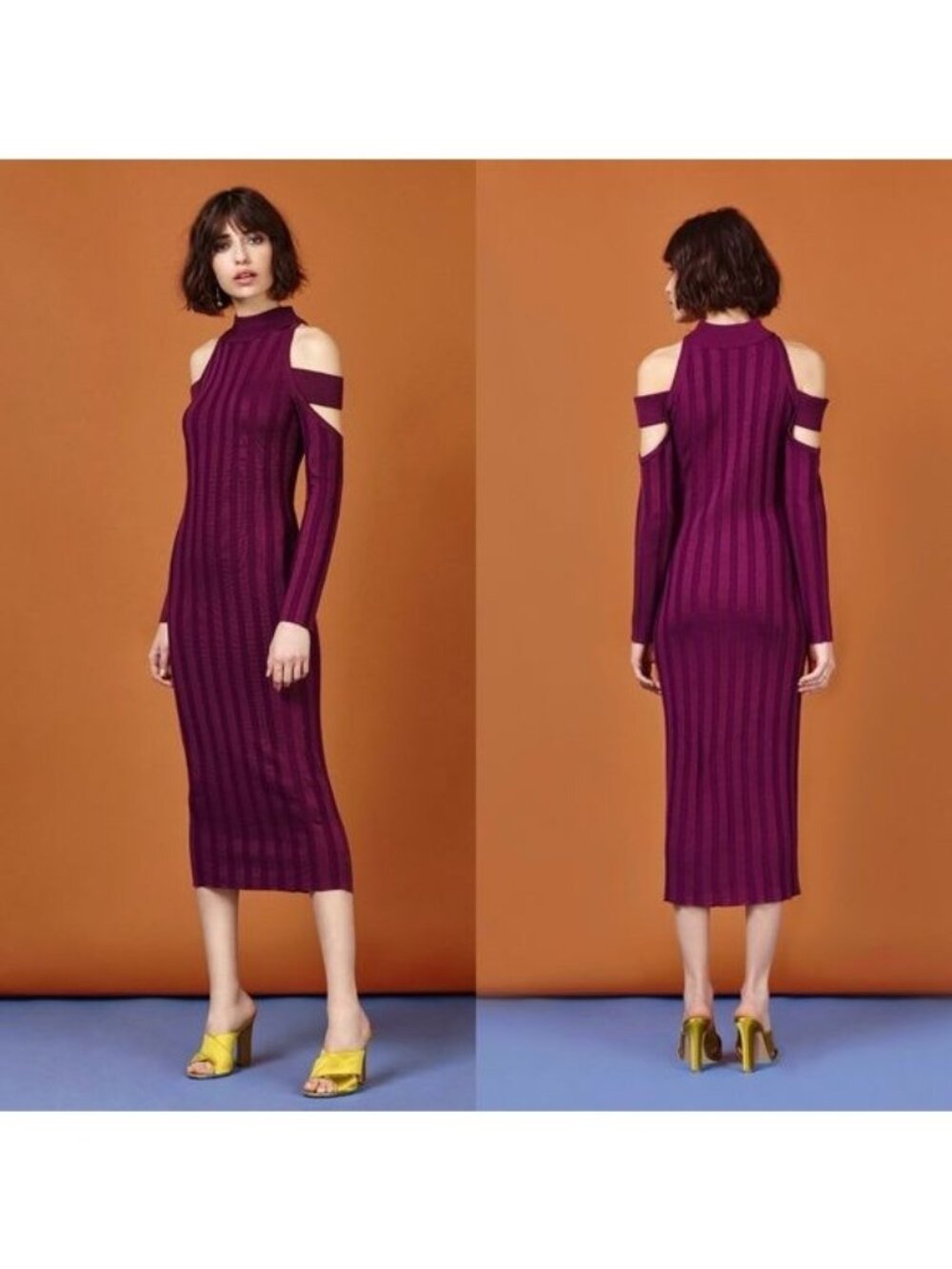 ARC Garmentory Ruthie Cold Shoulder Ribbed BodyCon Midi Dress Cutout